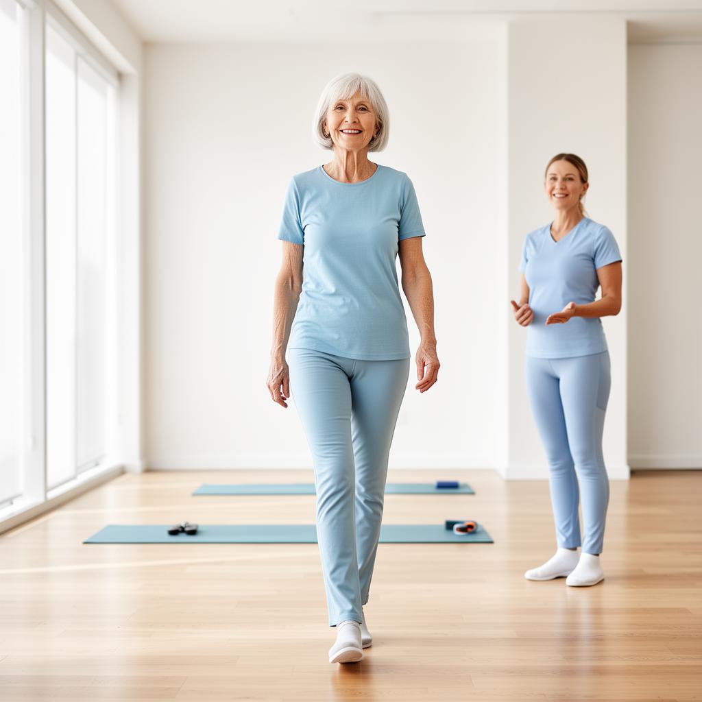 Older adult walking confidently with a balance coach