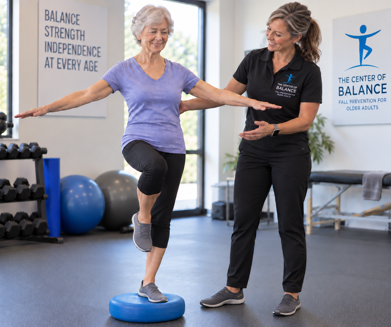 Older adult practicing single-leg balance on a stability pad with guidance from a balance specialist