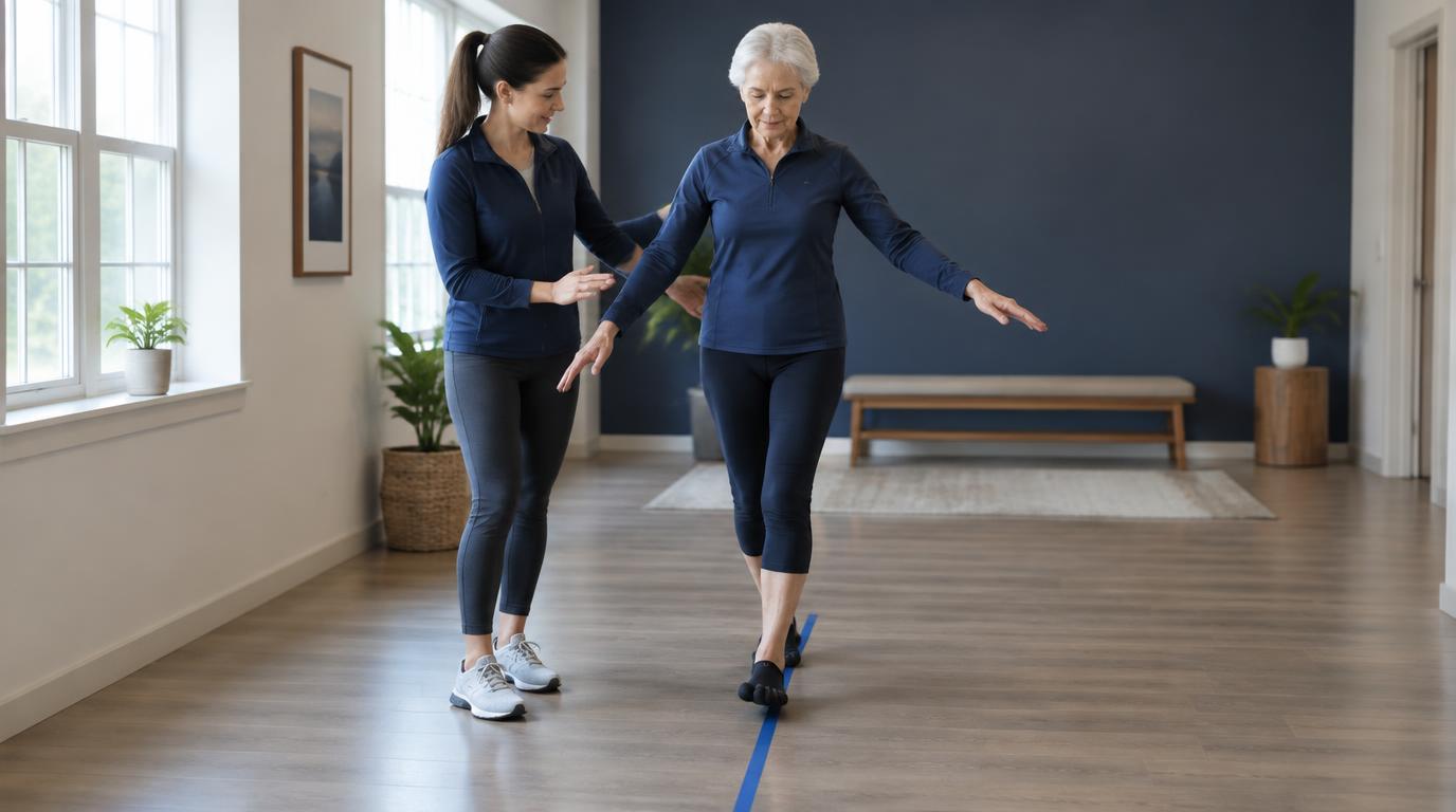 Older adult practicing heel-to-toe tightrope walking along a floor line with a balance specialist spotting nearby